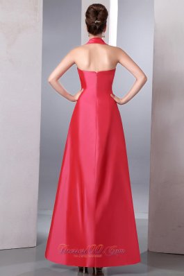 Coral Red Taffeta Ankle Length Halter Bridesmaid Dress