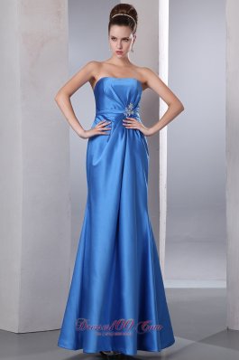 Satin Beaded Ankle-length Blue Prom Dress