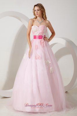 Sashed Baby Pink Applique Handmade Prom Evening Dress
