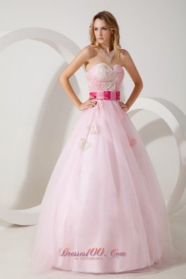 Sashed Baby Pink Applique Handmade Prom Evening Dress