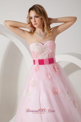 Sashed Baby Pink Applique Handmade Prom Evening Dress