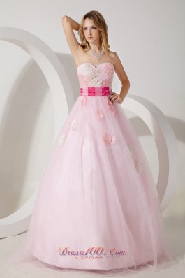 Sashed Baby Pink Applique Handmade Prom Evening Dress