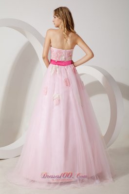 Sashed Baby Pink Applique Handmade Prom Evening Dress