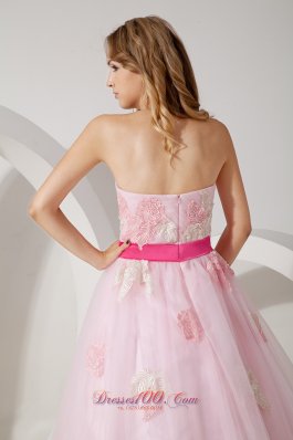 Sashed Baby Pink Applique Handmade Prom Evening Dress