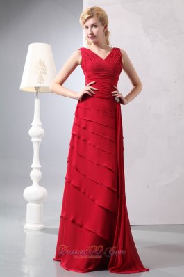 Layered Red Column Mother Of The Bride Dress V-neck