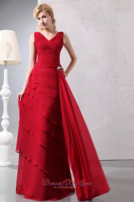 Layered Red Column Mother Of The Bride Dress V-neck