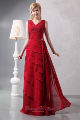 Layered Red Column Mother Of The Bride Dress V-neck