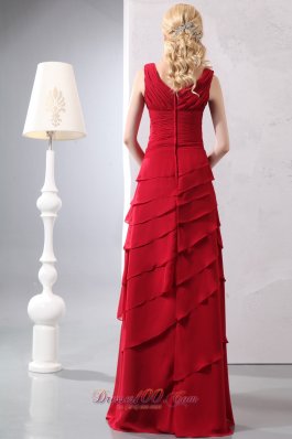 Layered Red Column Mother Of The Bride Dress V-neck