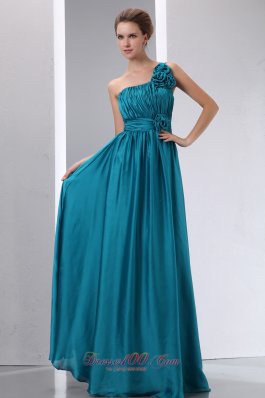 Floral One Shoulder Teal Prom Dress with Pleats