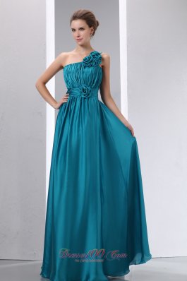 Floral One Shoulder Teal Prom Dress with Pleats