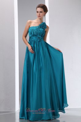 Floral One Shoulder Teal Prom Dress with Pleats