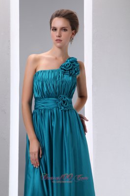 Floral One Shoulder Teal Prom Dress with Pleats