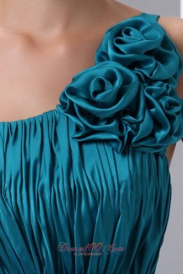 Floral One Shoulder Teal Prom Dress with Pleats