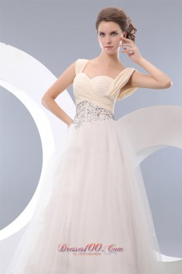 Tulle White Straps A-line Prom Evening Dress Beading