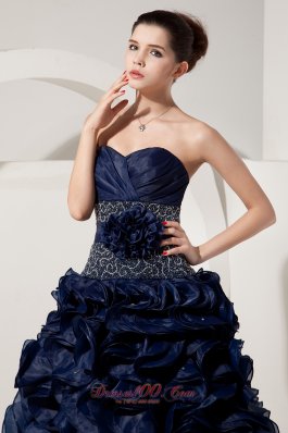 Navy Blue Organza Ruffled Beading Handmade Prom Dress