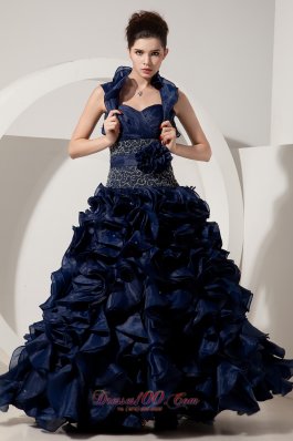 Navy Blue Organza Ruffled Beading Handmade Prom Dress