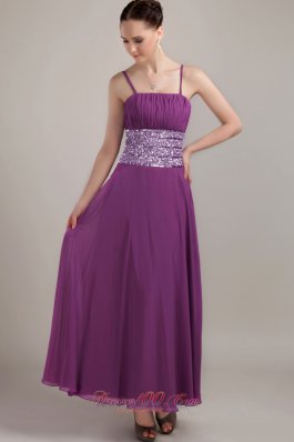 Straps Ankle-length Beaded Waist Purple Prom Dress