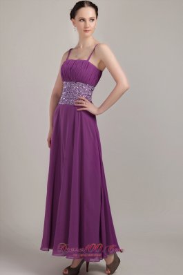 Straps Ankle-length Beaded Waist Purple Prom Dress