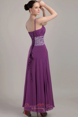 Straps Ankle-length Beaded Waist Purple Prom Dress