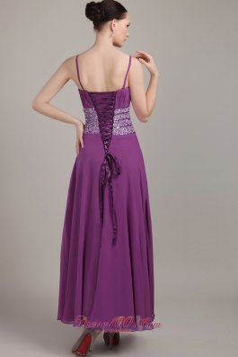 Straps Ankle-length Beaded Waist Purple Prom Dress