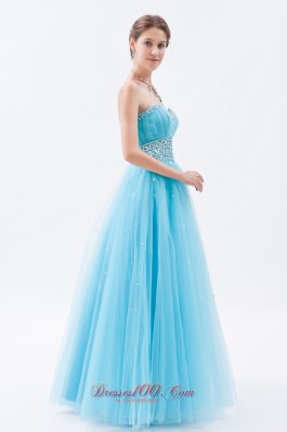 Baby Blue Beading Sweetheart Tulle Prom Gown