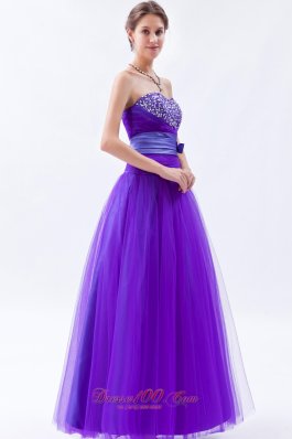 Tulle Beaded Eggplant Purple Prom Holiday Dress A-line Style