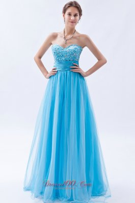 Baby Blue Tulle Princess Prom Dress Beadings Ruched