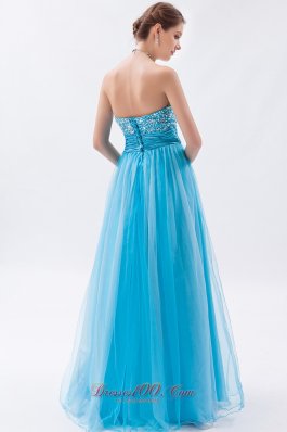 Baby Blue Tulle Princess Prom Dress Beadings Ruched