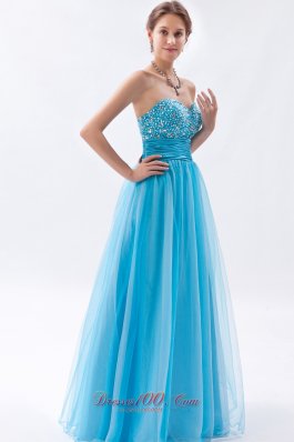 Baby Blue Tulle Princess Prom Dress Beadings Ruched