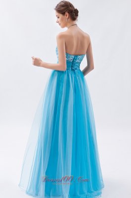 Baby Blue Tulle Princess Prom Dress Beadings Ruched
