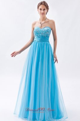 Baby Blue Tulle Princess Prom Dress Beadings Ruched