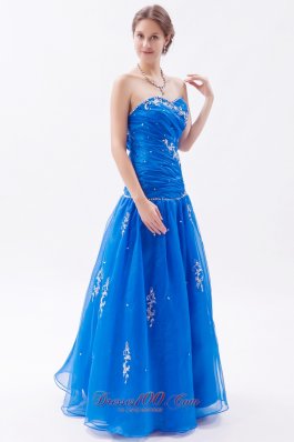 Embroidery Organza Blue Beading Decarate Prom Gown