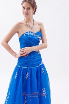 Embroidery Organza Blue Beading Decarate Prom Gown