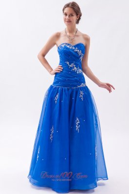 Embroidery Organza Blue Beading Decarate Prom Gown