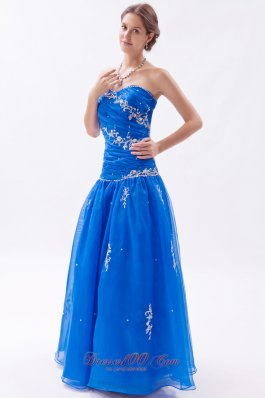 Embroidery Organza Blue Beading Decarate Prom Gown