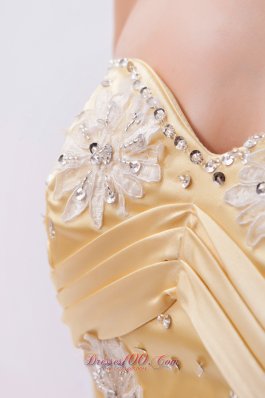 Champagne Beaded Appliques Prom Dress Ruched Ruffles