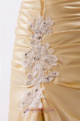 Champagne Beaded Appliques Prom Dress Ruched Ruffles