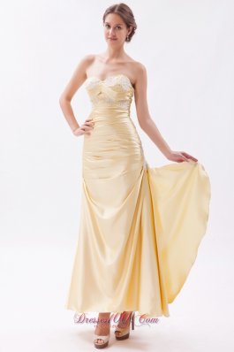 Champagne Beaded Appliques Prom Dress Ruched Ruffles