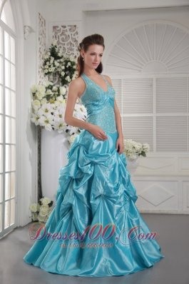 Halter Beaded Pick-ups Prom Gown in Aqua Blue