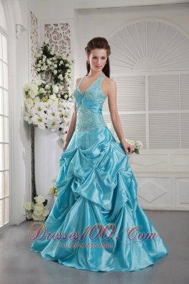 Halter Beaded Pick-ups Prom Gown in Aqua Blue