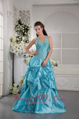 Halter Beaded Pick-ups Prom Gown in Aqua Blue