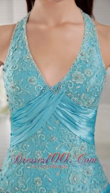 Halter Beaded Pick-ups Prom Gown in Aqua Blue