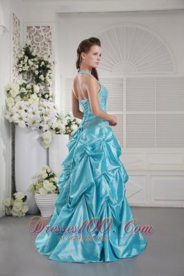 Halter Beaded Pick-ups Prom Gown in Aqua Blue