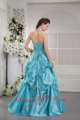 Halter Beaded Pick-ups Prom Gown in Aqua Blue