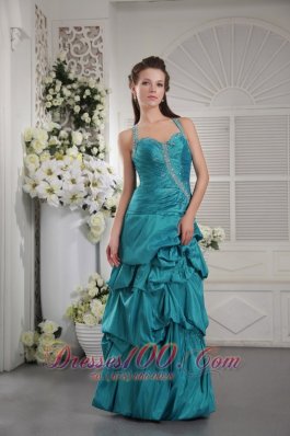 Ruched Straps Teal Prom Graduation Dress Pick-up