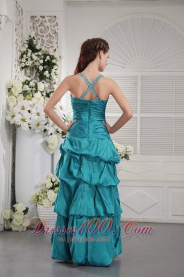 Ruched Straps Teal Prom Graduation Dress Pick-up