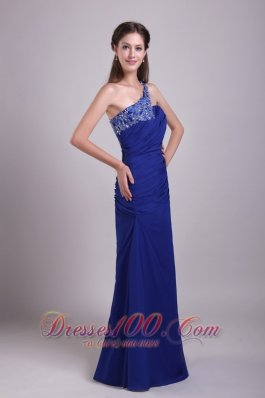 Column Blue One Shoulder Applique Chiffon Prom Gown