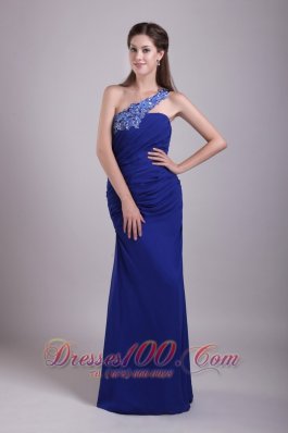 Column Blue One Shoulder Applique Chiffon Prom Gown