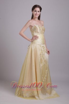 A-Line Champagne Taffeta Brush Train Prom Evening Dress