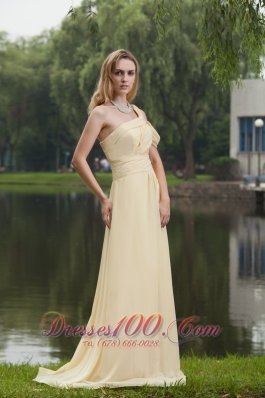 Drapped Sleeve Light Yellow Prom Gown One Shoulder